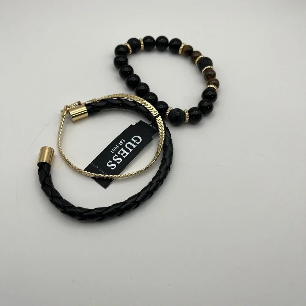 Guess Bracelet Set of 3 Gold Chain Beaded‎ Black Braided Women's Jewelry
